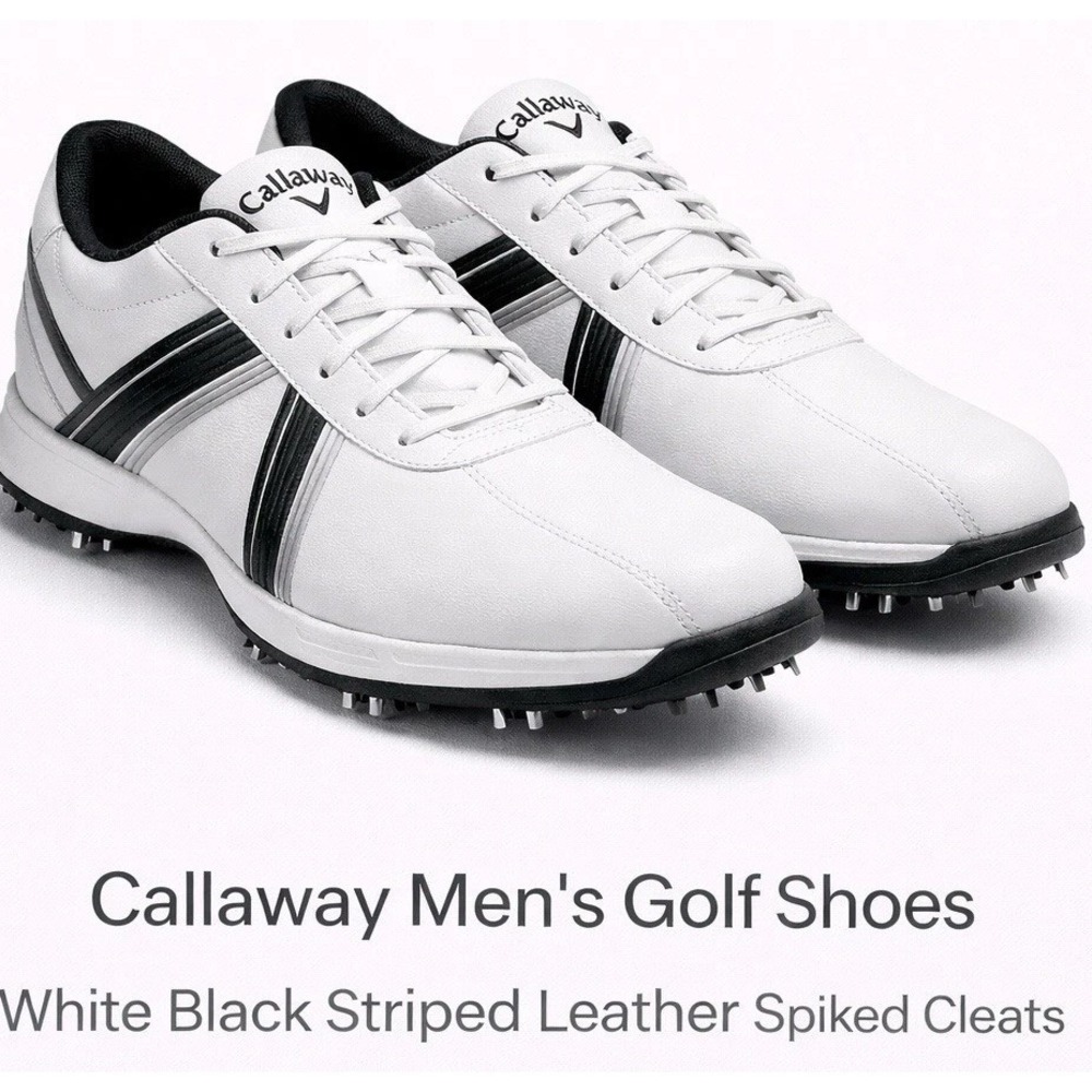 Callaway Men's Golf Shoes White Black Striped Leather Sneaker Rubber Cleats US …
